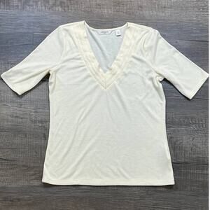 Liz Claiborne New York Pleated V-Neck 1/4 Short Sleeve Shirt Cream Color SIz S P